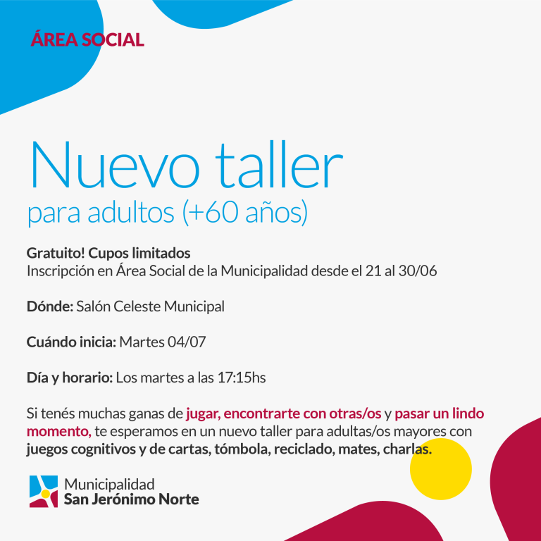 Nuevo taller para adultos (+ 60 años)